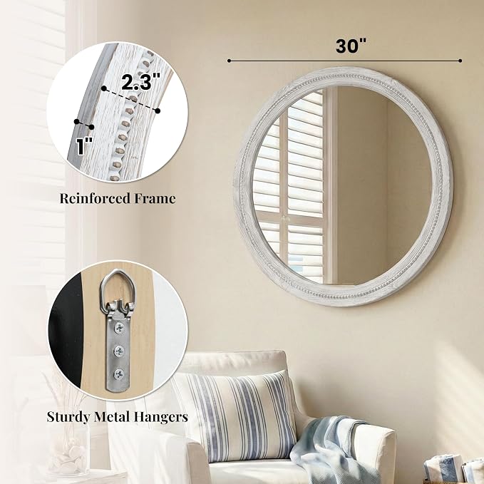 30" White Round Wood Mirror for Bathroom Vanity, Distressed Solid Wood Wall - Image 8