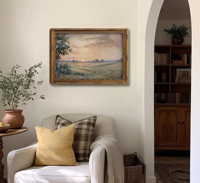 Vintage Gold Framed Wall Art Retro Fall Sunset Country Oil Painting Canvas - Image 9