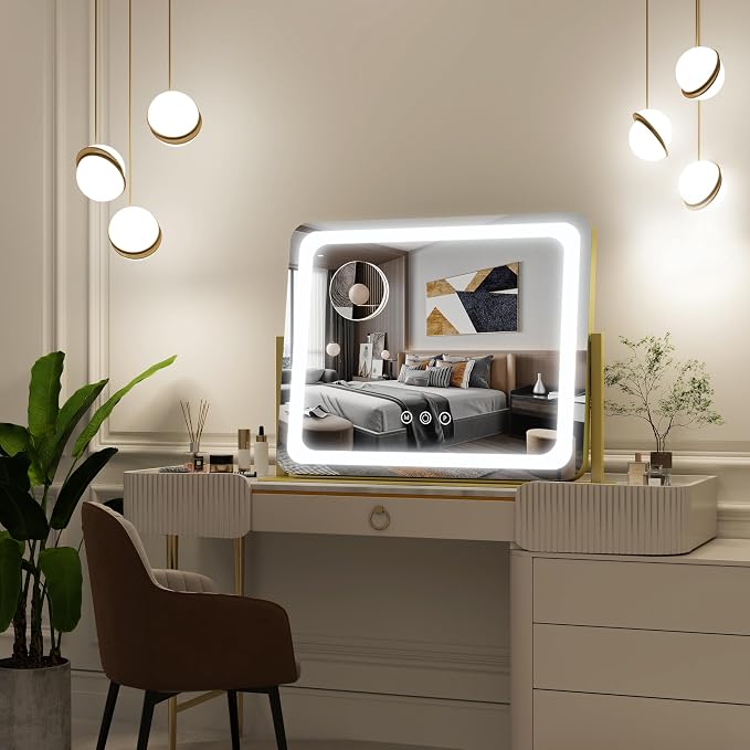 FENNIO Gold Vanity Mirror with Lights 22"x19", LED Lighted Makeup Mirror - Image 6