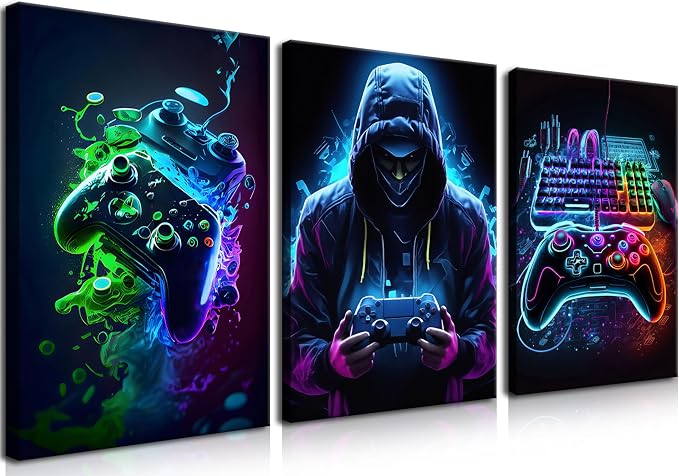 BGFCE Cool Gaming Canvas Wall Art Set of 3, Retro Video Game Watercolor Poster by BGFCEWallArt