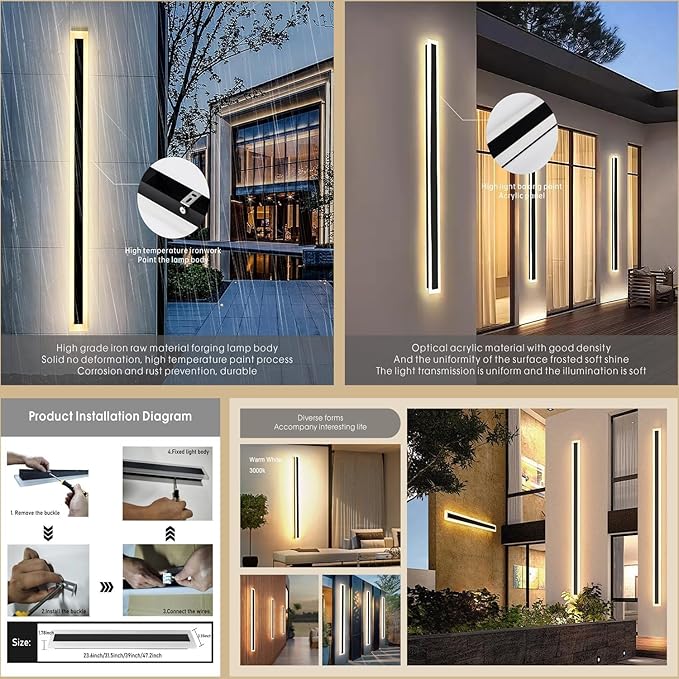 59inch-2Pack Long Outdoor Modern LED Wall Light, 45W Waterproof IP65 Warm White - Image 5