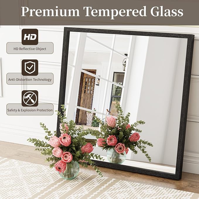 Syndra Square Black Wood Frame Bathroom Mirror, Waterproof Slim Deep Frame - Image 7