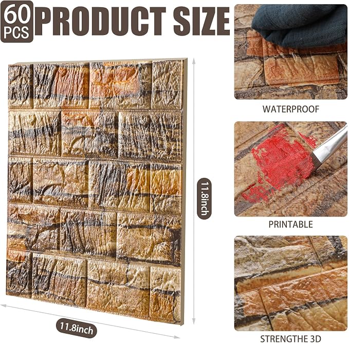 Colarr 60 Pcs 58 Sq ft 3D Wall Panels Peel and Stick Faux Foam 3D Brick - Image 2