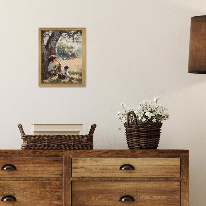 Wood Framed Canvas Wall Art, Vintage Boy and Dog Painting Poster, Countryside - Image 7