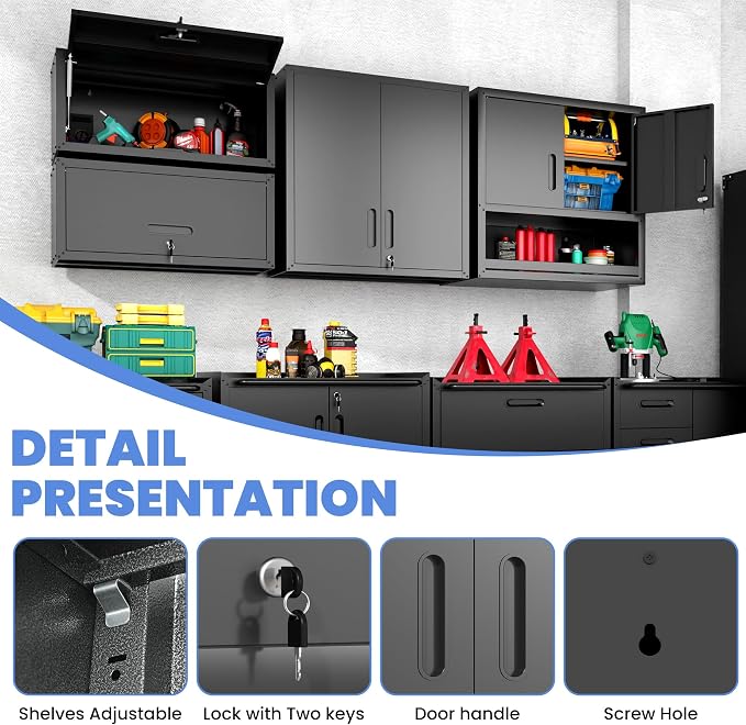 Garage Wall Cabinet with Doors and Shelves, Wall Mounted Metal Storage Cabinet - Image 4