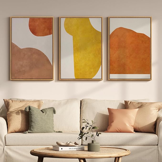 Framed Orange Abstract Boho Wall Art Bedroom, 3 Piece Neutral Mid Century by Cuspin