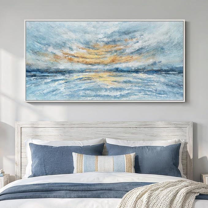 Extra Large Framed Blue Gold Abstract Wall Art - Image 4
