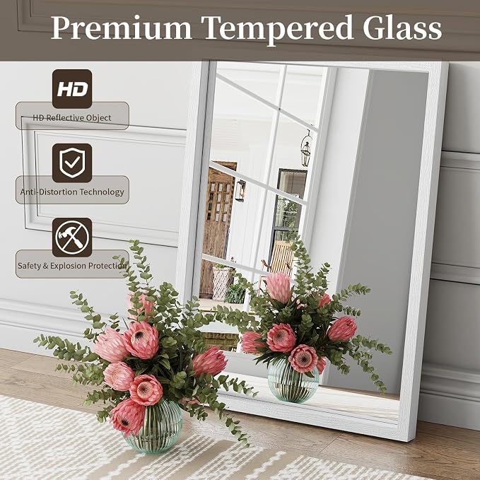 Syndra White Wood Frame Bathroom Mirror, Waterproof Slim Deep Frame, - Image 8