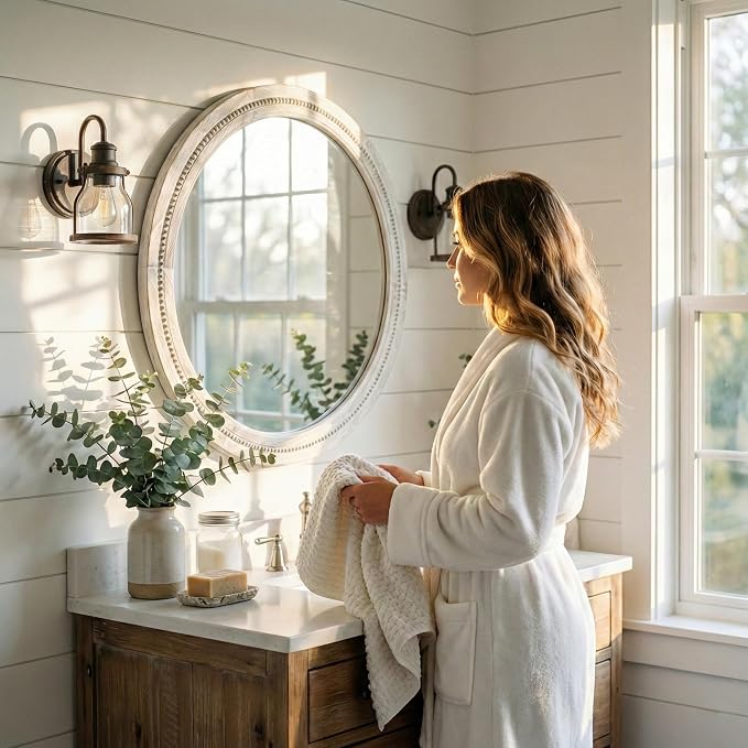 30" White Round Wood Mirror for Bathroom Vanity, Distressed Solid Wood Wall - Image 4