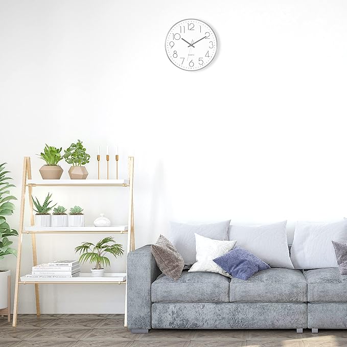 Foxtop Silver Wall Clock Silent Non-Ticking Battery Operated Round Modern Wall - Image 6