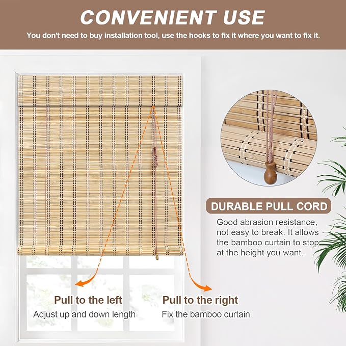 No Tool No Drill Bamboo Blinds for Interior Windows, Bamboo Shades for Indoor - Image 3