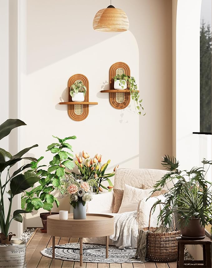 Floating Shelves for Wall, Boho Home Wall Decor, Rattan Plant Shelf Set of 2 - Image 2