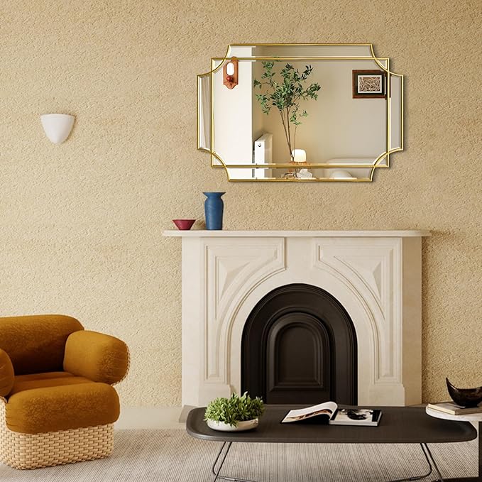 HQiJun Gold Mirror for Wall, 36x24 Gold Wood Framed, Scalloped Beveled Polished - Image 4