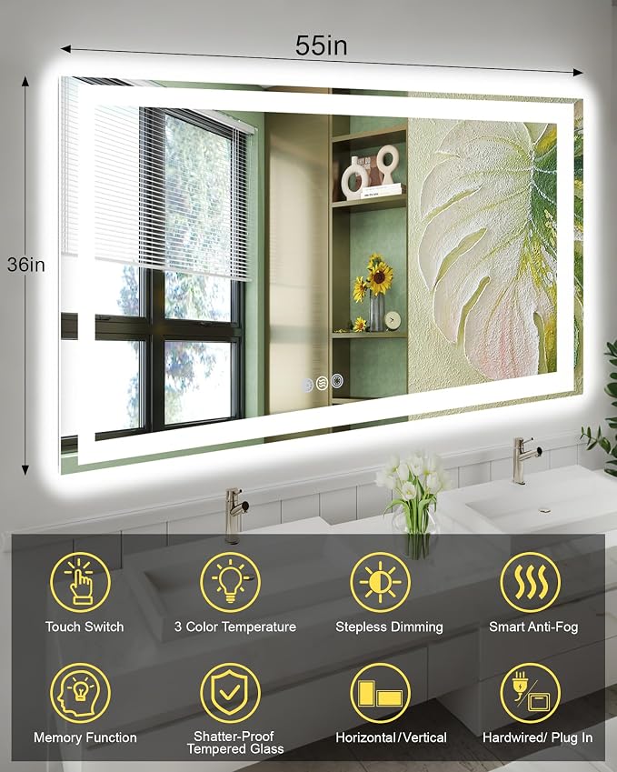 55x36 LED Bathroom Mirror with Lights, Super Bright Front & Backlit Vanity - Image 6