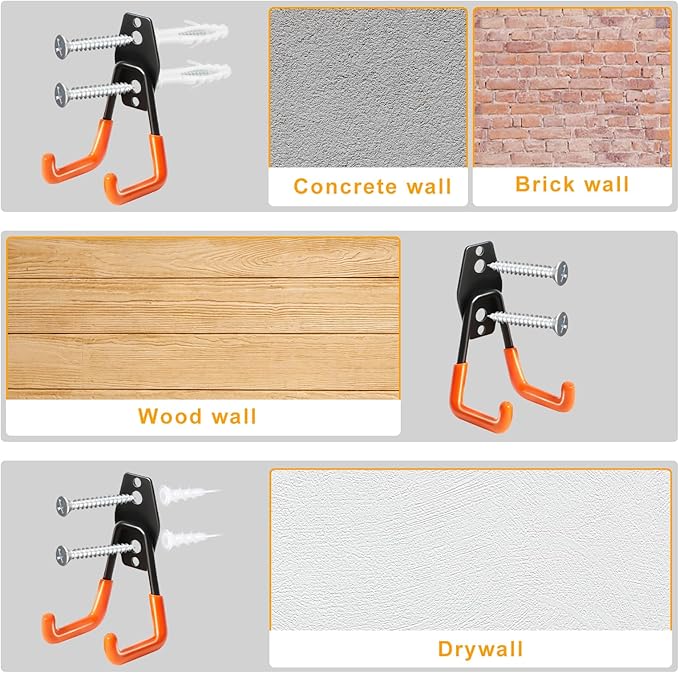 KURUI Heavy Duty Wall Hook for Hanging, 2 Pack Garage Tool Organizer Wall Mount - Image 7