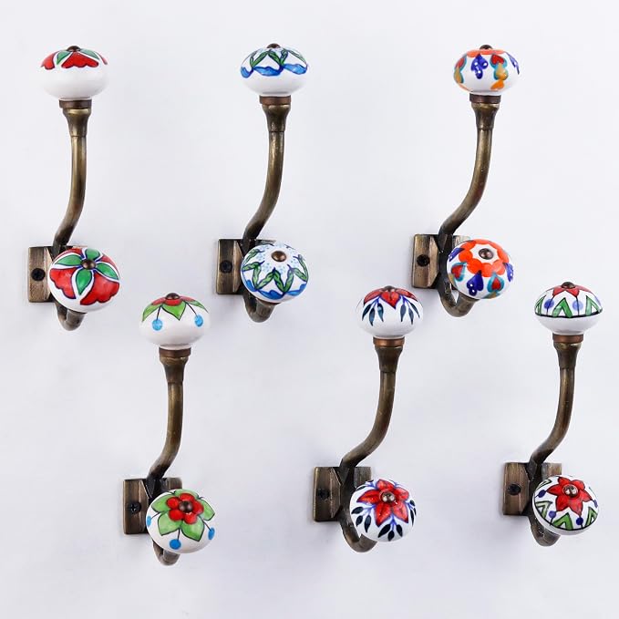 Indian Shelf Pack of 6 Heavy Duty Double Prong Multicolor Decorative Coat Hooks - Image 9