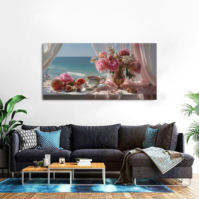 Vintage Pink Flower Wall Art Retro Flowers in Golden Vase Pictures Blue Ocean - Image 5