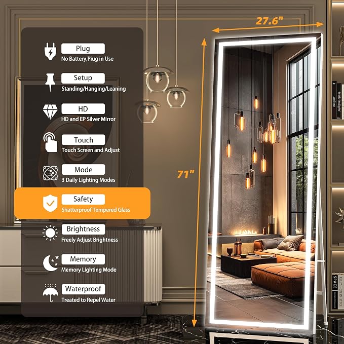 Hasipu Full Length Mirror with Lights, Full Body Dressing Hanging Mounted Mirror - Image 2