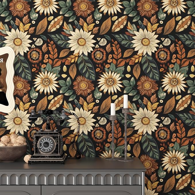 Boho Wallpaper Peel and Stick, Vintage Black Brown/Green Floral Contact Paper - Image 8