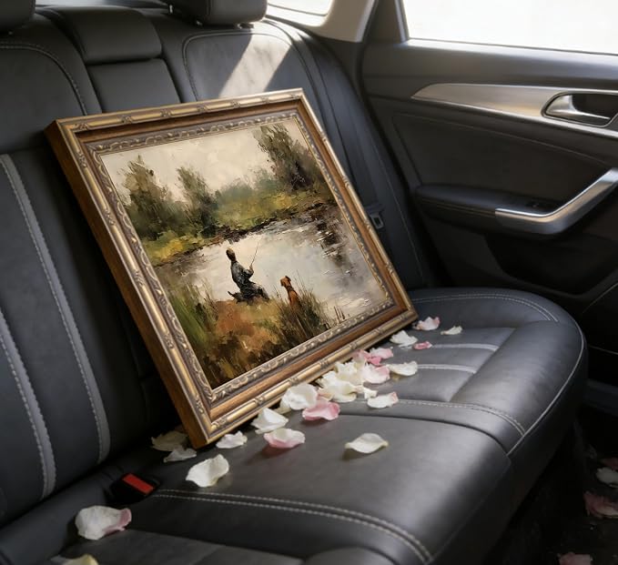 Vintage Gold Framed Wall Art Boy Fishing Country Oil Painting Canvas Prints - Image 5