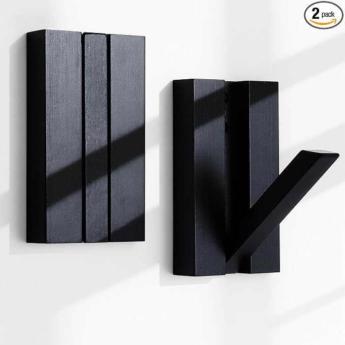 Folding Wall Hooks 2Pack: Black Modern Wooden Coat Hooks Mount by KYIAANY