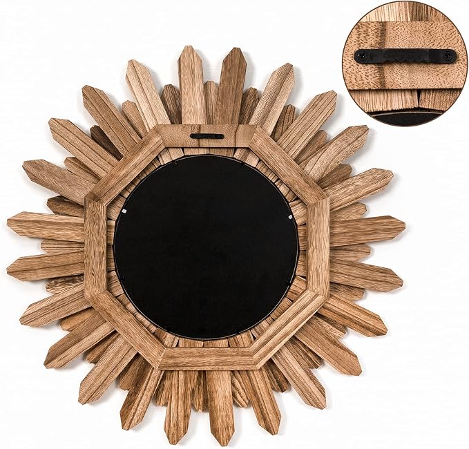 Honiway Mirror Wall Decor 21 inch Rustic Wood Boho Aesthetic Mirror - Image 7