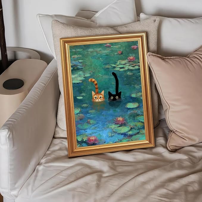 Fantasy Artists Gold Framed Wall Art Prints, Two Swimming Cats in Lotus Pond - Image 3