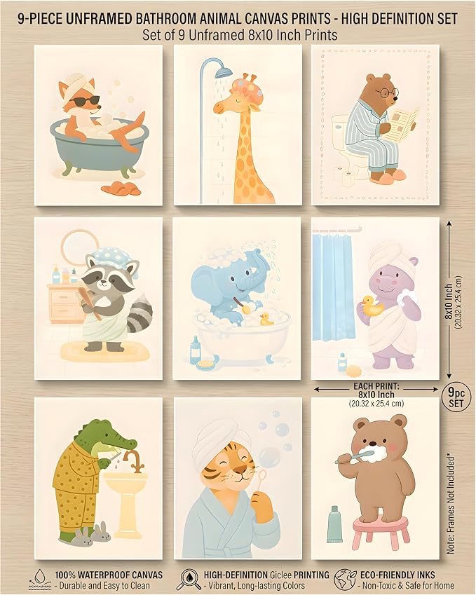 tgguytiy Kids Bathroom Wall Art Set of 9 Cute Animal Bathroom Decor - Image 3