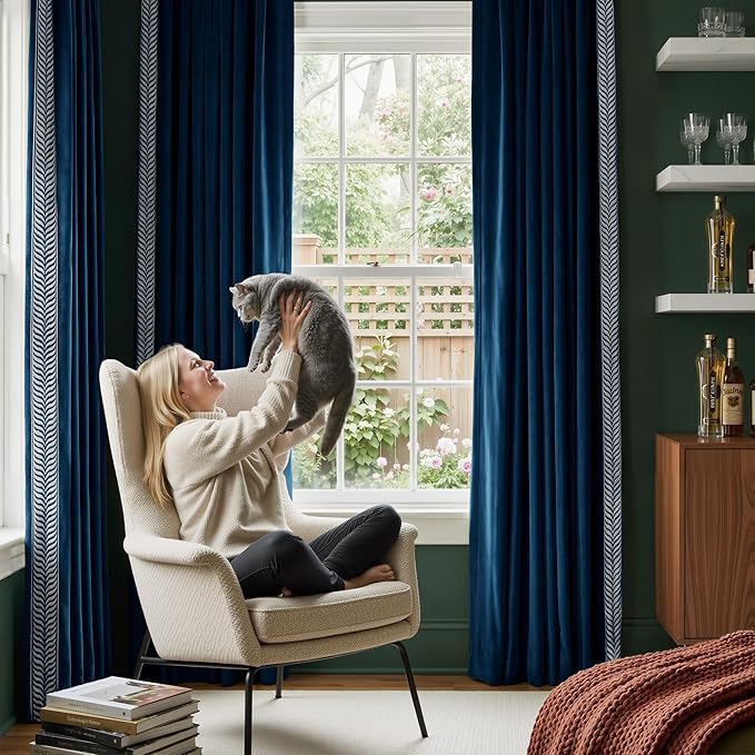 NICETOWN Rod Pocket Embroidered Trim Velvet Curtains, 2 Panels, Elegant Window - Image 3