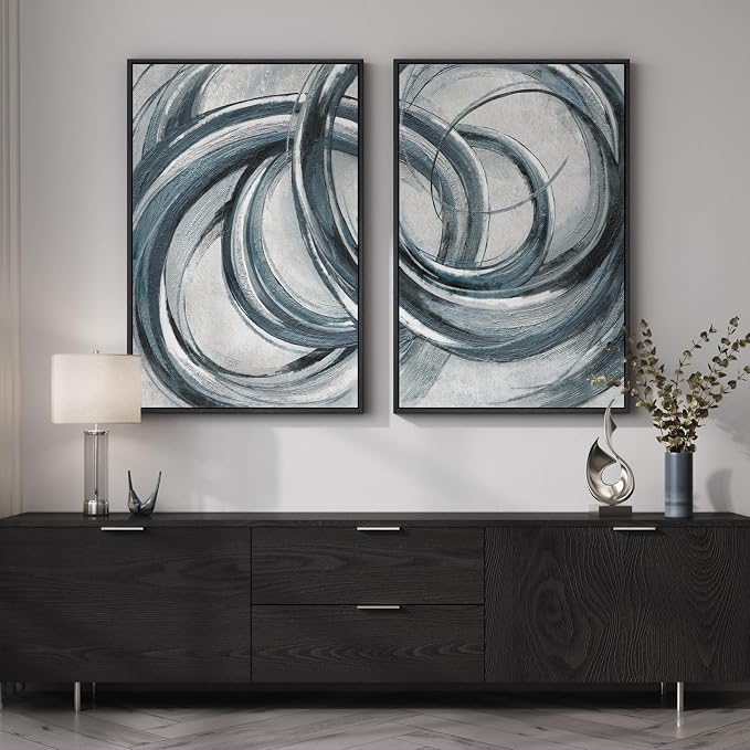 Framed Blue Gray Abstract Wall Art Set of 2, Modern Circle Line Canvas Artwork - Image 4