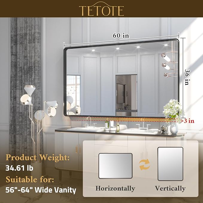 TETOTE 60 x 36 Inch Bathroom Mirror, Matte Black Metal Frame Modern Farmhouse - Image 6
