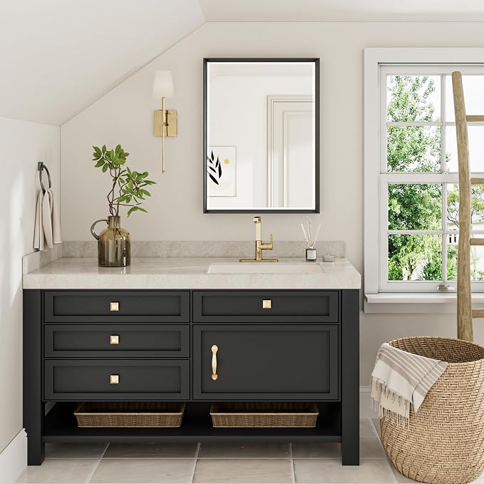 Black Framed Mirror for Bathroom, 24x32 Inch Black Rectangle Beveled Bathroom - Image 7