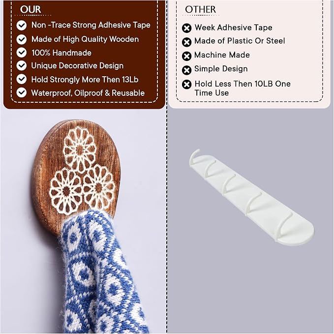 Indian Shelf 6 Lb- 3 Pieces Decorative Wood Adhesive Wall Hooks–Boho Peel and - Image 5