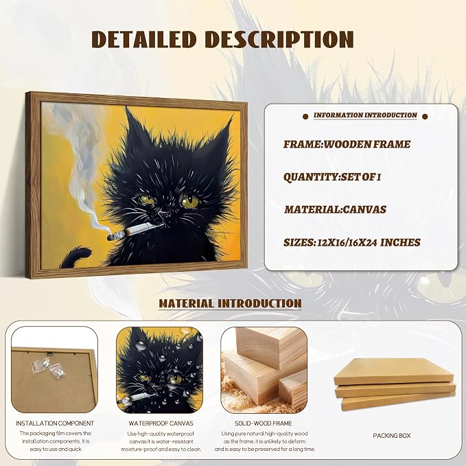 Vintage Black Cat Wall Art, Mens Room Canvas Print Poster, Cool Animals Picture - Image 5