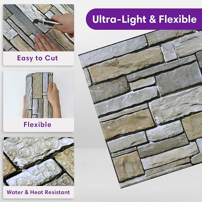3D Peel and Stick Faux Stone Wall Panels 11.8" x 11.8" 10-Pack, Stone-Look Wall - Image 5