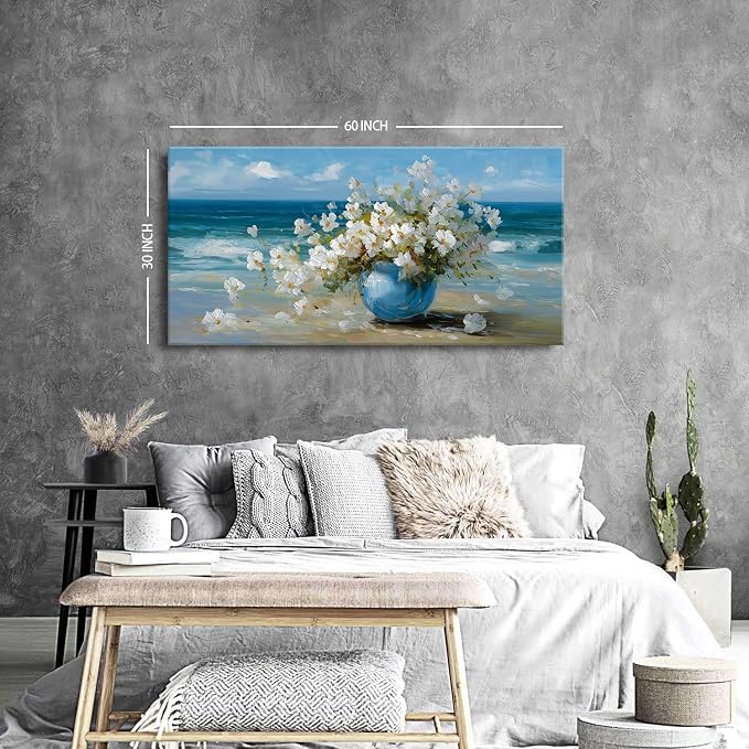 Vintage Flowers Canvas Wall Art White Blossom Painting Retro Flowers in Blue - Image 3