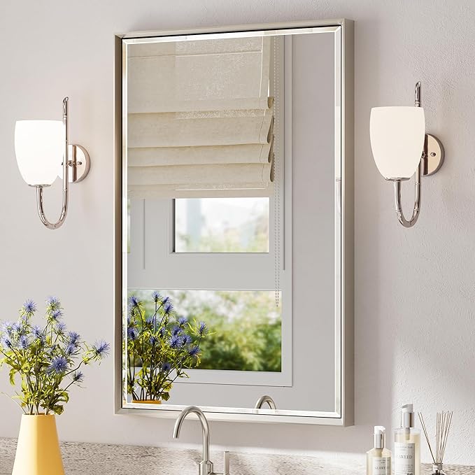Brushed Nickel Bathroom Mirror, 24x36 Inch Beveled Framed Bathroom Mirror by QUEENFUN