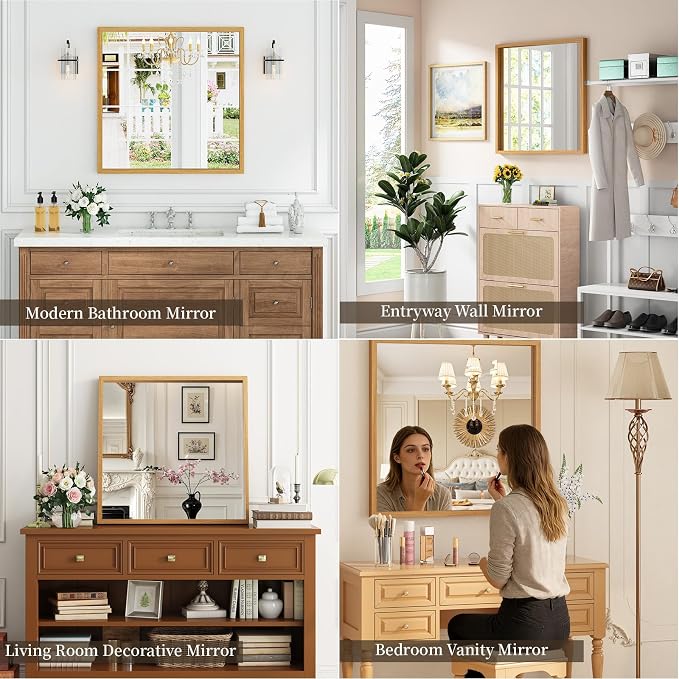 Syndra Square Natural Wood Frame Bathroom Mirror, Waterproof Slim Deep Frame - Image 5