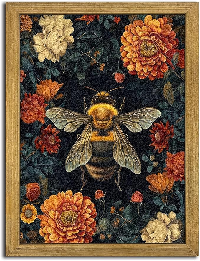 Framed Hand Drawn Sandstone Bee Wall Art, 3D Textured Nature Botanical Wall by Unknown