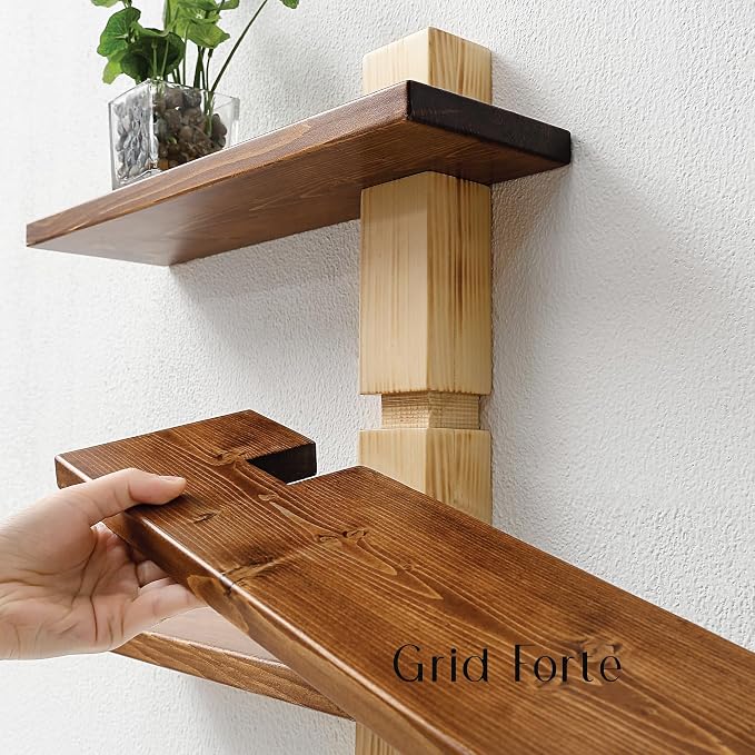 GRID FORTE Wood 3 Tier Floating Shelf, Large Minimalist Wall Shelves, Mid - Image 8