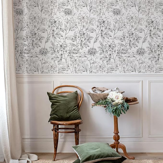 JiffDiff Peel and Stick Wallpaper Black and White Floral Wall Paper 17.3" x - Image 5