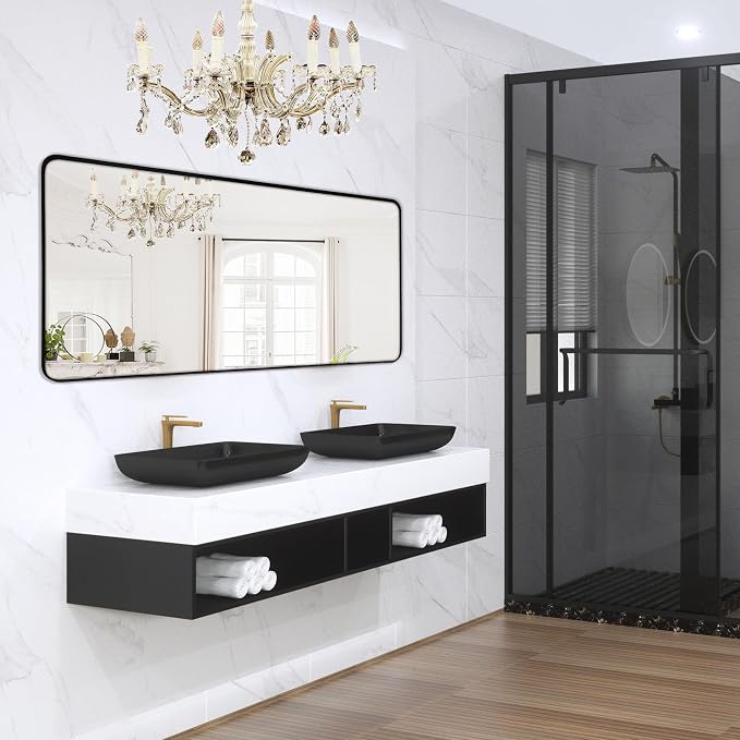 Wall Mount Mirror for Bathroom, Brushed Black Metal Framed Large Rounded Corner by Minuover