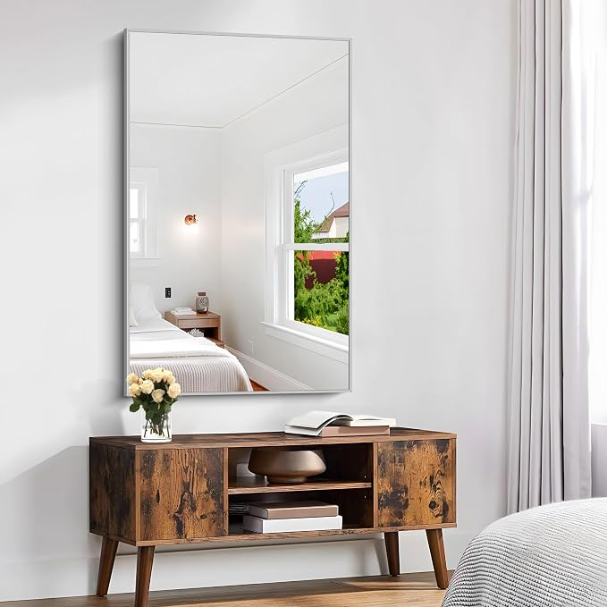 KOCUUY Silver Bathroom Mirror, HD Tempered Glass, Anti-Rust Brushed Silver Frame - Image 3