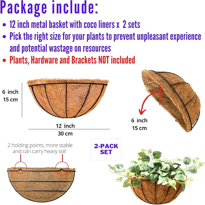 LaLaGreen Wall Hanging Planters, 2 Pack, 12 Inch Wall Mounted Flower Baskets - Image 2