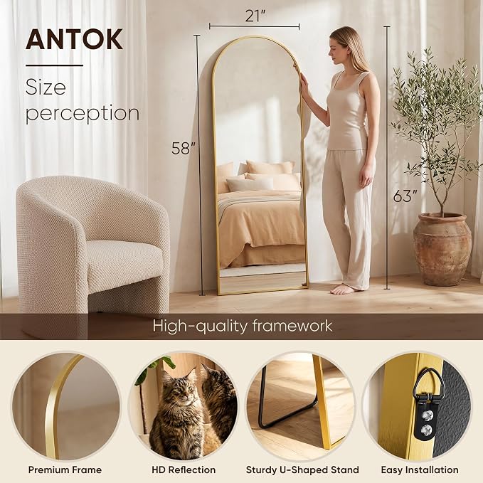 Antok Full Length Mirror, Arched Floor Standing Freestanding Arch Full Body - Image 4