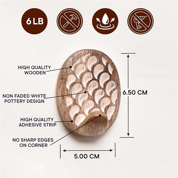 Indian Shelf 6 Lb- 6 Pieces Decorative Wood Adhesive Wall Hooks–Boho Peel and - Image 7