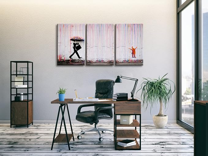 Wieco Art 3 Piece Banksy Famous Canvas Paintings Wall Art Raining day Modern - Image 3