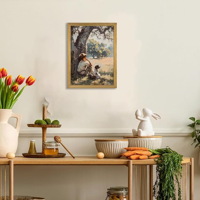 Wood Framed Canvas Wall Art, Vintage Boy and Dog Painting Poster, Countryside - Image 6