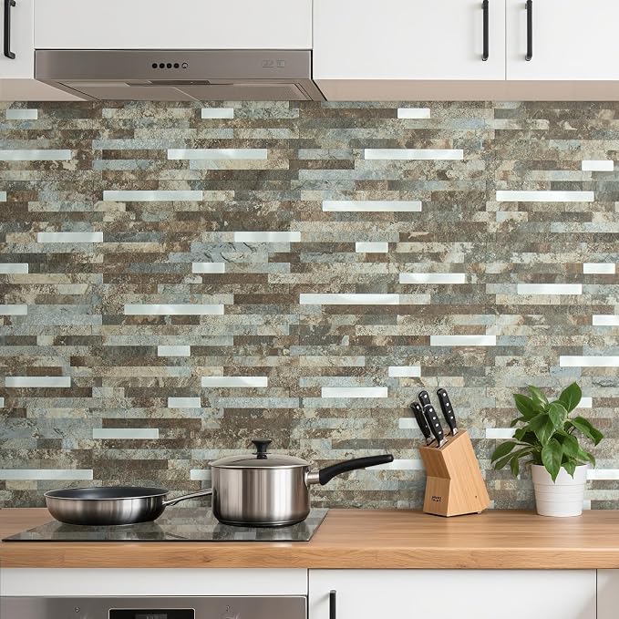 AULIGET 20 Sheets Beige & Brown Slate Peel and Stick Backsplash, PVC Mixed - Image 2