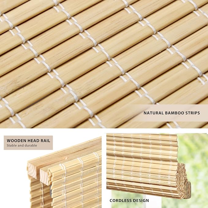 LazBlinds No Tools No Drill Cordless Bamboo Roman Shades, Privacy Window - Image 2